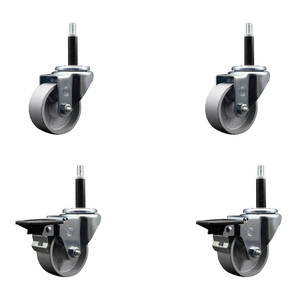 3'' Semi Steel Wheel Swivel 3/4'' Expanding Stem Caster Set 2 Brakes, 4PK